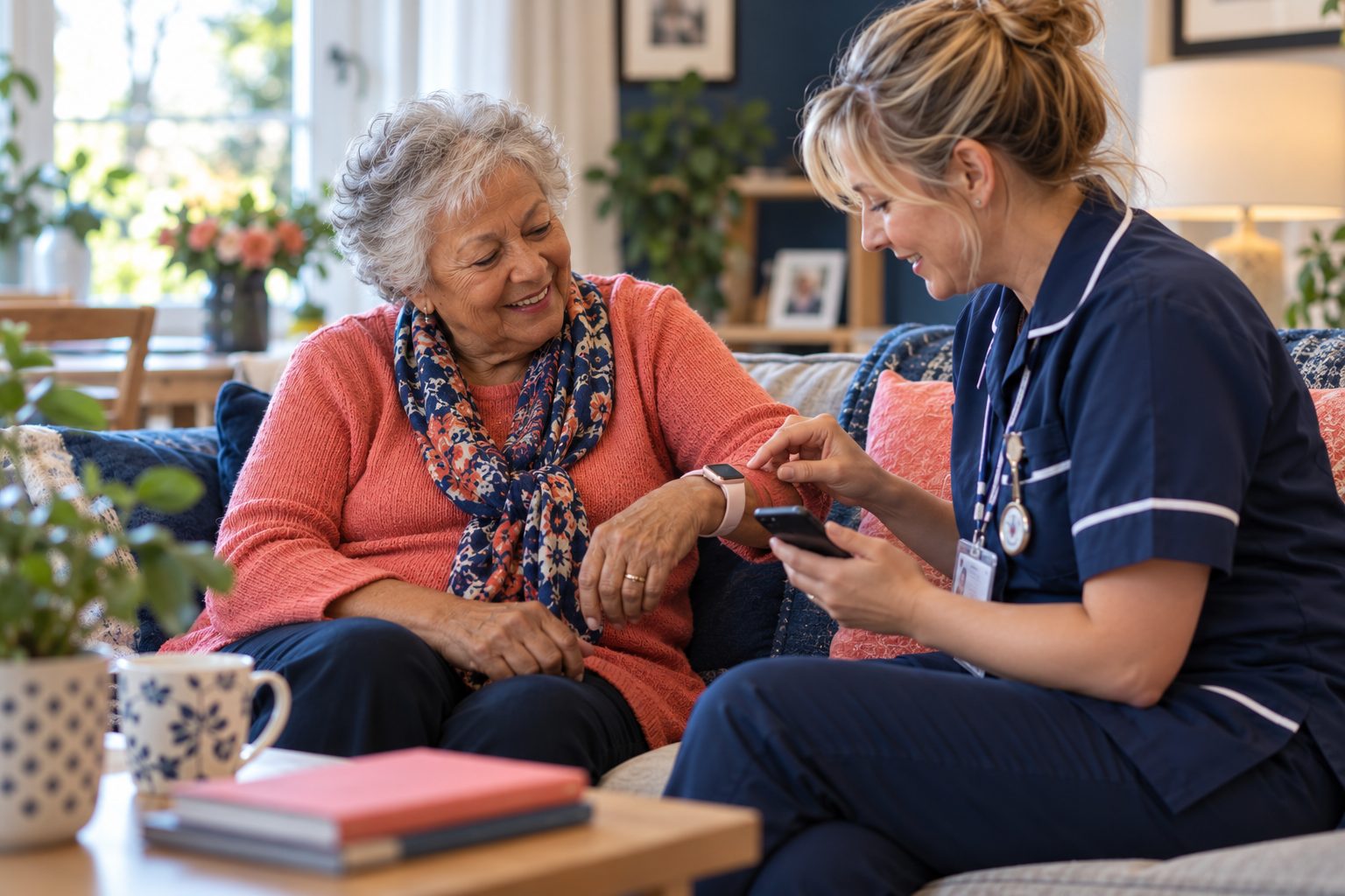An older woman at home smiling as her carer checks her smartwatch on a phone
