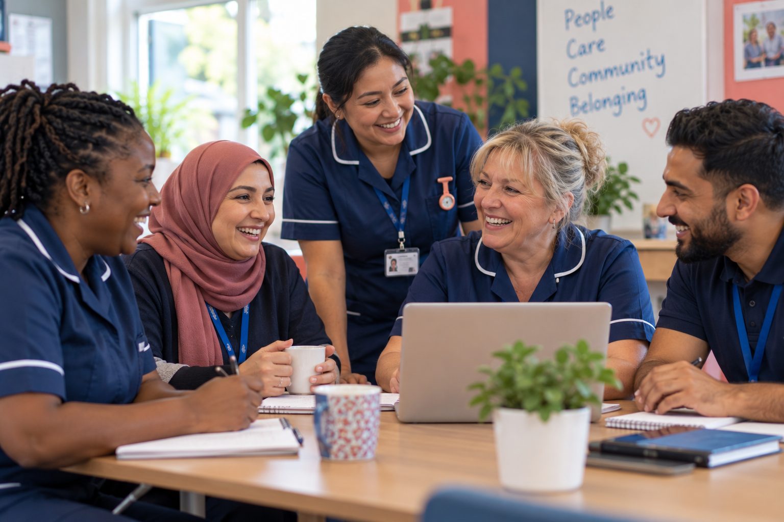 A care team laughing together around a table with a laptop