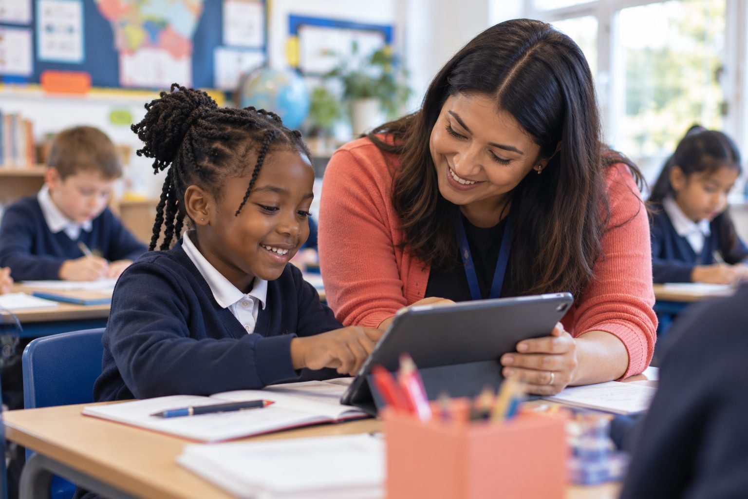 A teacher and a young pupil smiling as they work on a tablet together in class